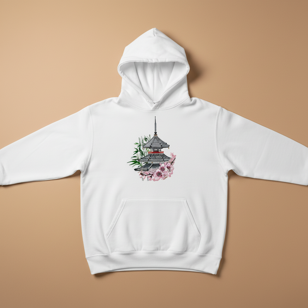 Japanese Pagoda &amp; Sakura — Premium Embroidered Hoodie | Original EmbroMania Design