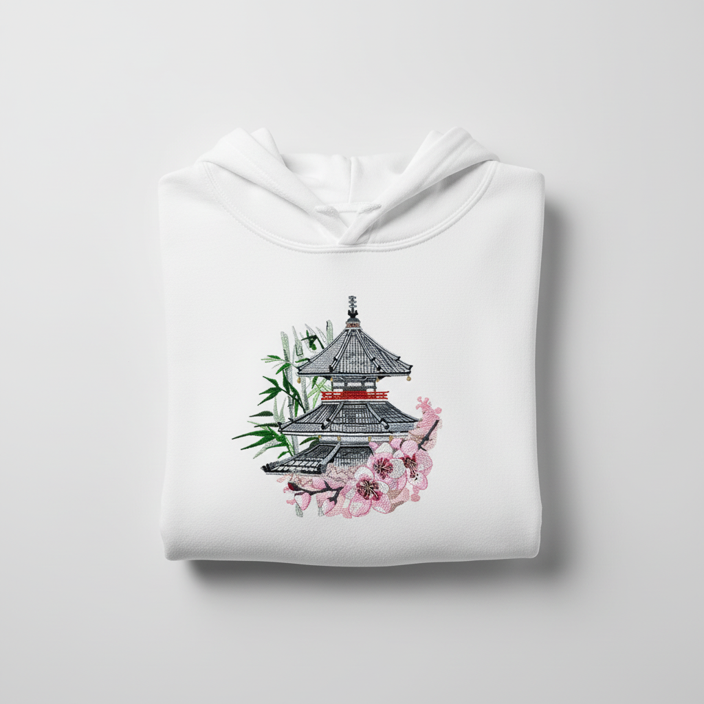 Japanese Pagoda &amp; Sakura — Premium Embroidered Hoodie | Original EmbroMania Design