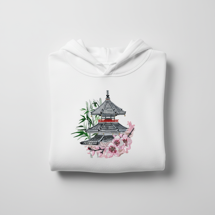 Japanese Pagoda &amp; Sakura — Premium Embroidered Hoodie | Original EmbroMania Design