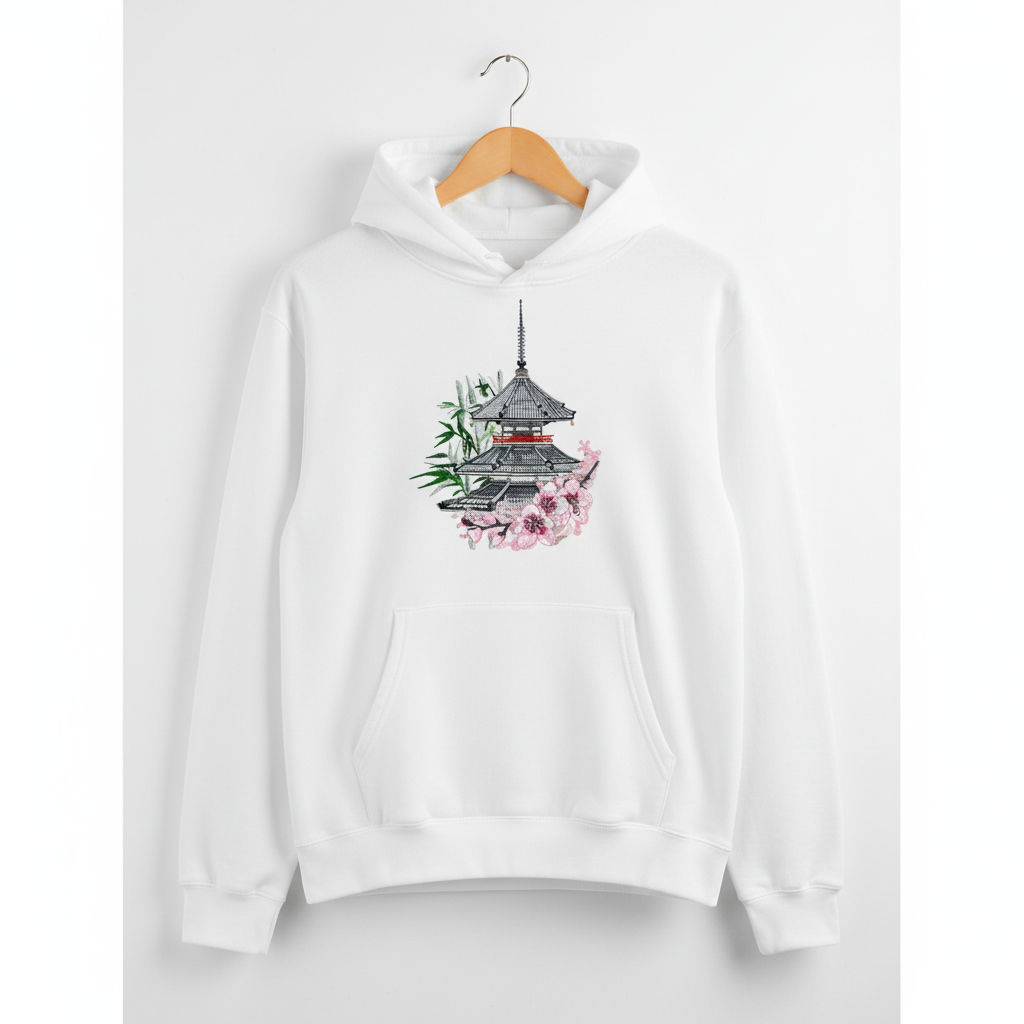 Japanese Pagoda &amp; Sakura — Premium Embroidered Hoodie | Original EmbroMania Design