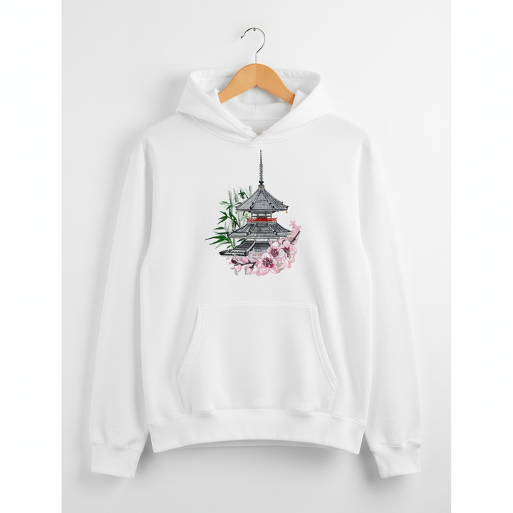 Japanese Pagoda &amp; Sakura — Premium Embroidered Hoodie | Original EmbroMania Design