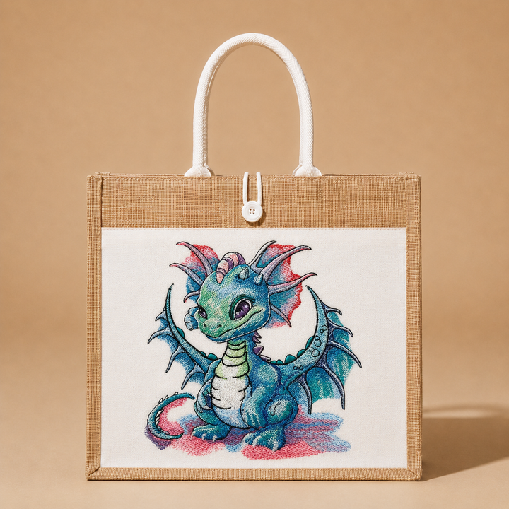Tote bag with a dragon illustration on a beige background
