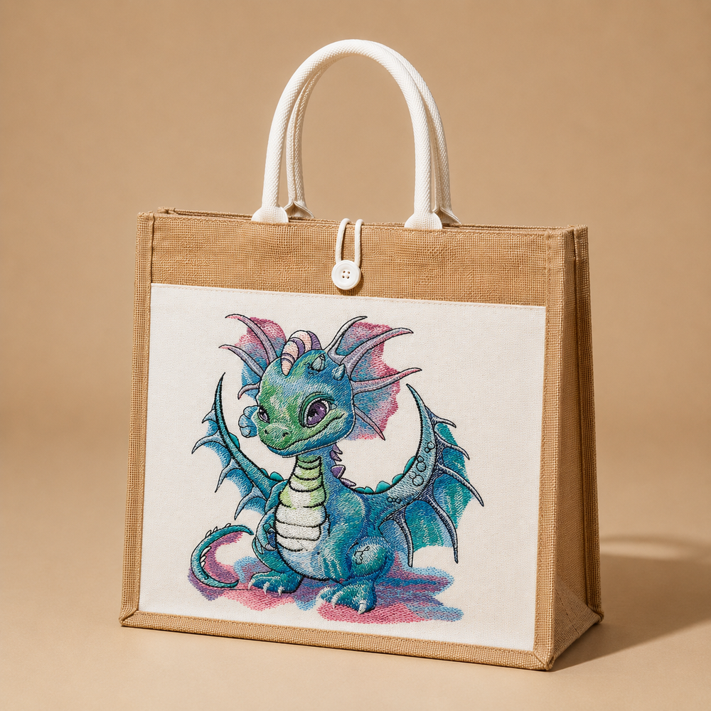 Jute bag with a cute dragon illustration on a beige background