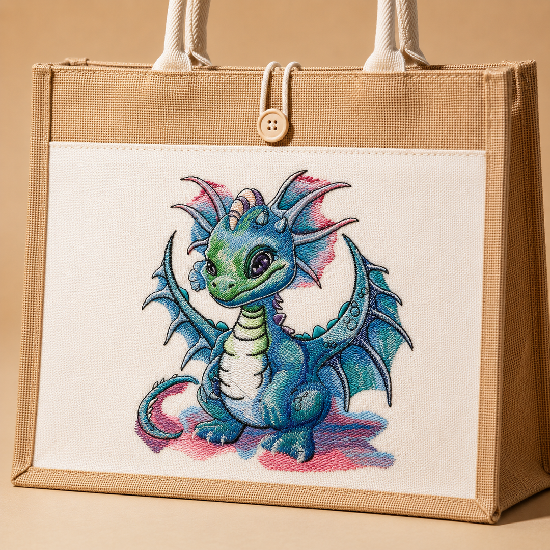 Tote bag with a colorful dragon design on a beige background