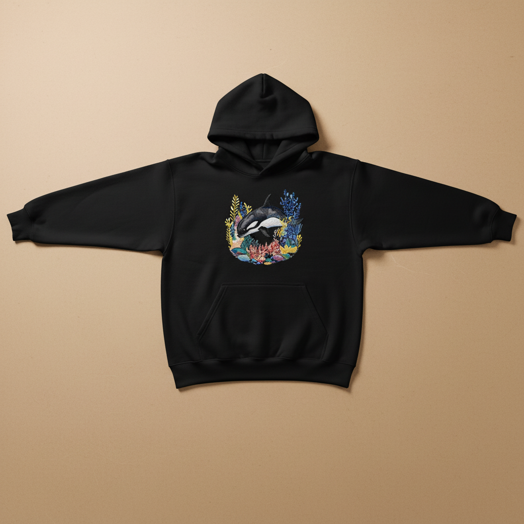 Playful Orca Coral Machine Embroidered Hoodie – Hand Finished in Dubai | EmbroMania