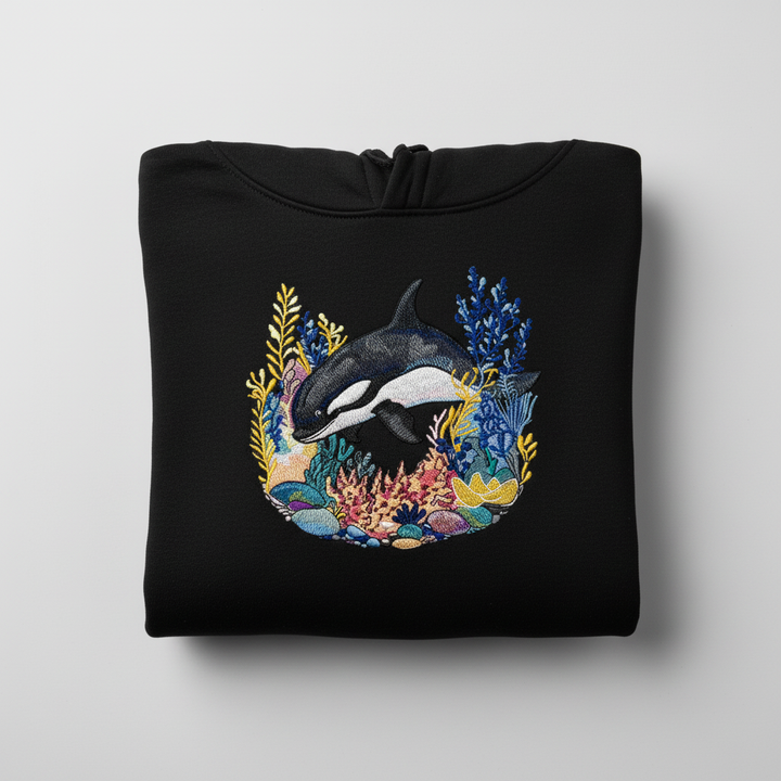 Playful Orca Coral Machine Embroidered Hoodie – Hand Finished in Dubai | EmbroMania