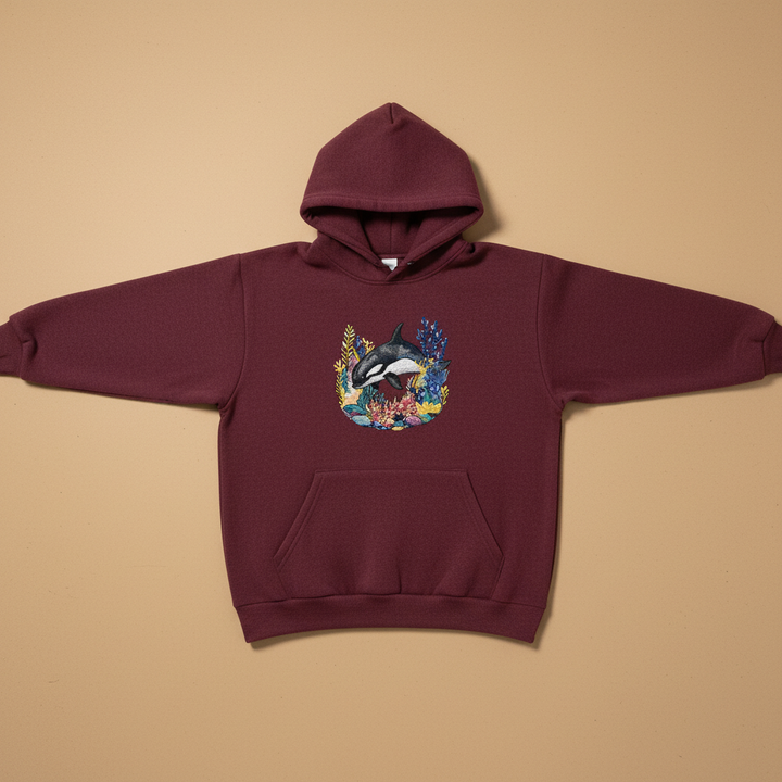 Playful Orca Coral Machine Embroidered Hoodie – Hand Finished in Dubai | EmbroMania