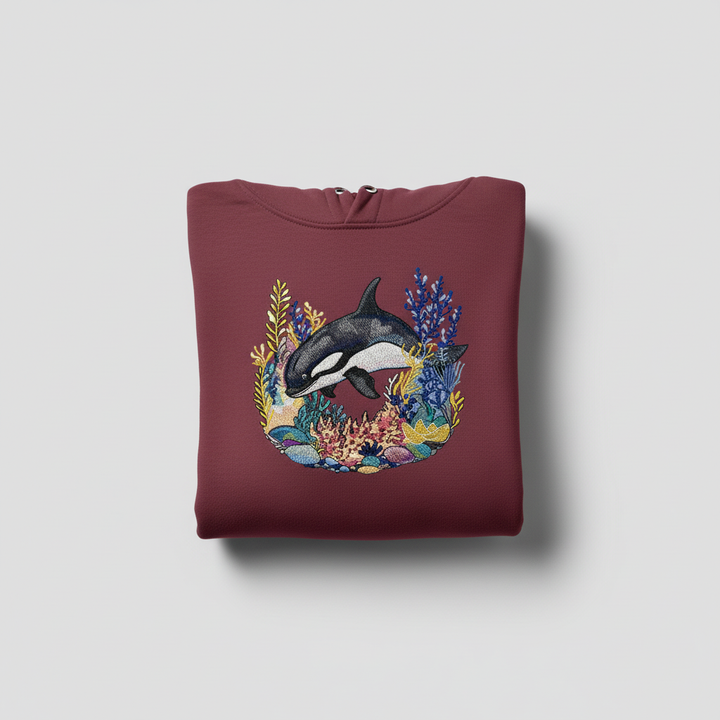 Playful Orca Coral Machine Embroidered Hoodie – Hand Finished in Dubai | EmbroMania