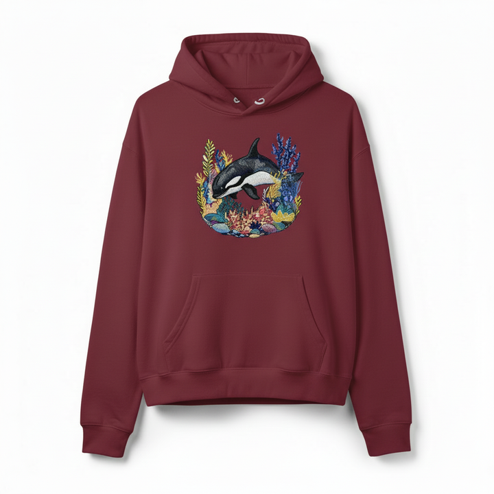 Playful Orca Coral Machine Embroidered Hoodie – Hand Finished in Dubai | EmbroMania