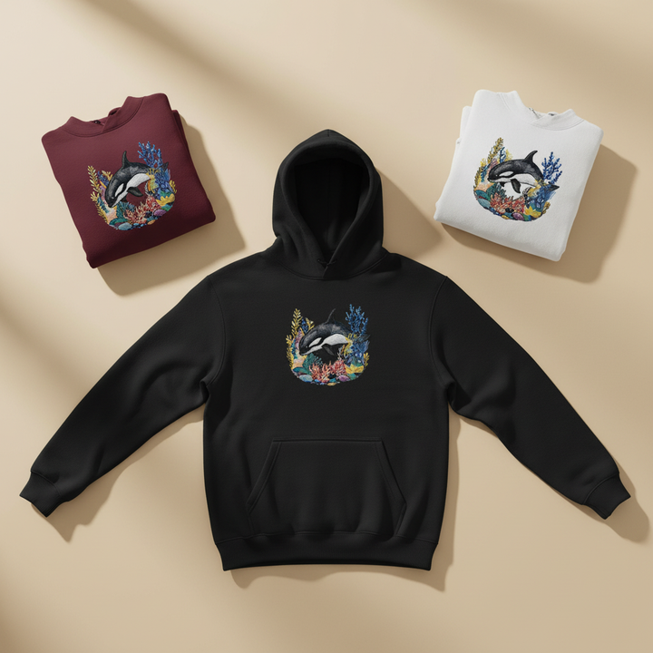 Playful Orca Coral Machine Embroidered Hoodie – Hand Finished in Dubai | EmbroMania