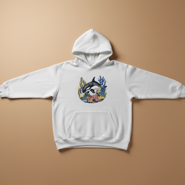 Playful Orca Coral Machine Embroidered Hoodie – Hand Finished in Dubai | EmbroMania