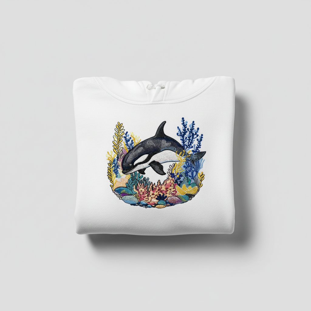 Playful Orca Coral Machine Embroidered Hoodie – Hand Finished in Dubai | EmbroMania