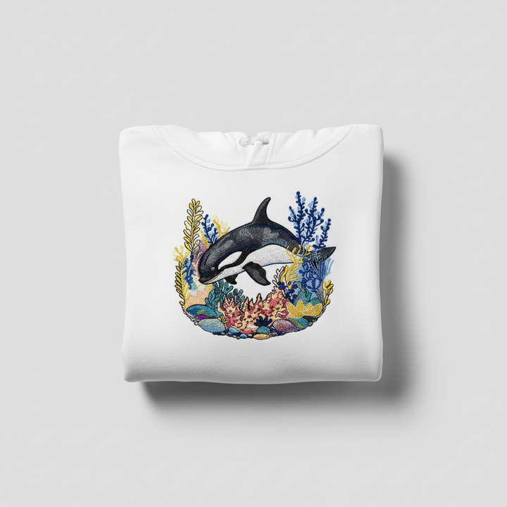 Playful Orca Coral Machine Embroidered Hoodie – Hand Finished in Dubai | EmbroMania