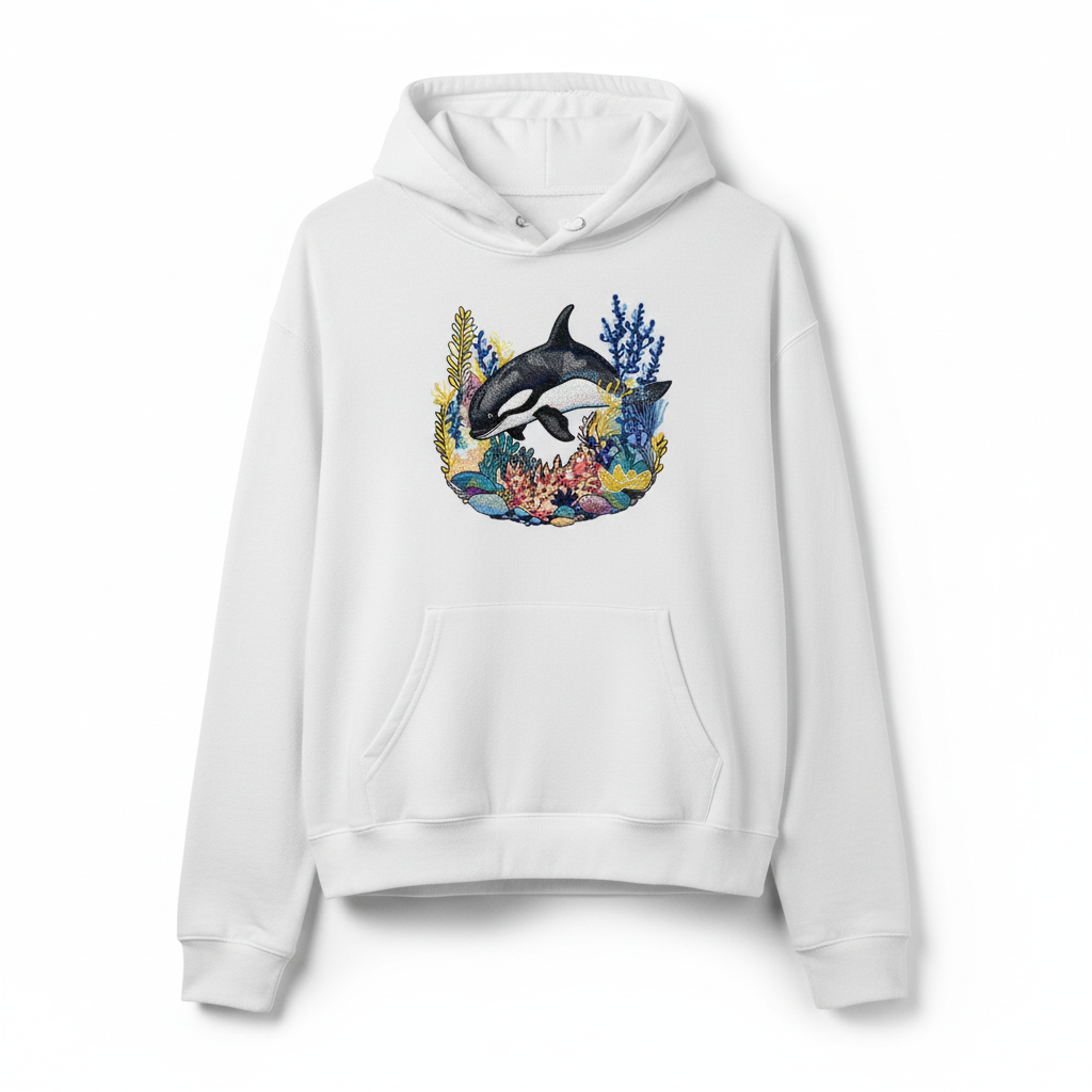 Playful Orca Coral Machine Embroidered Hoodie – Hand Finished in Dubai | EmbroMania