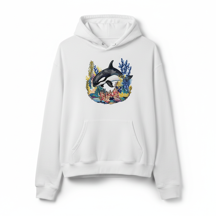 Playful Orca Coral Machine Embroidered Hoodie – Hand Finished in Dubai | EmbroMania