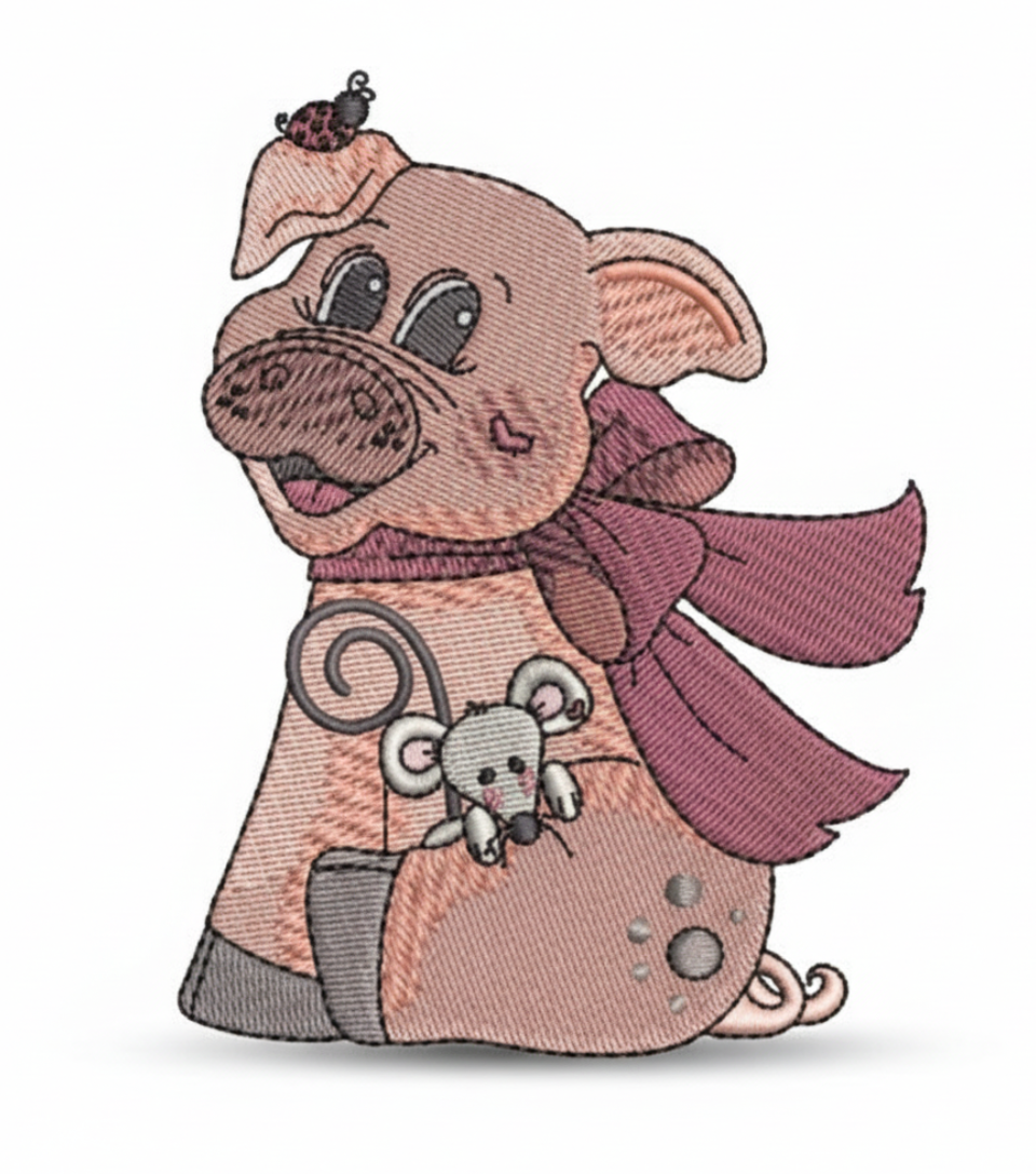 Illustration of a cartoon dog with a bow tie and a mouse in its pocket on a white background