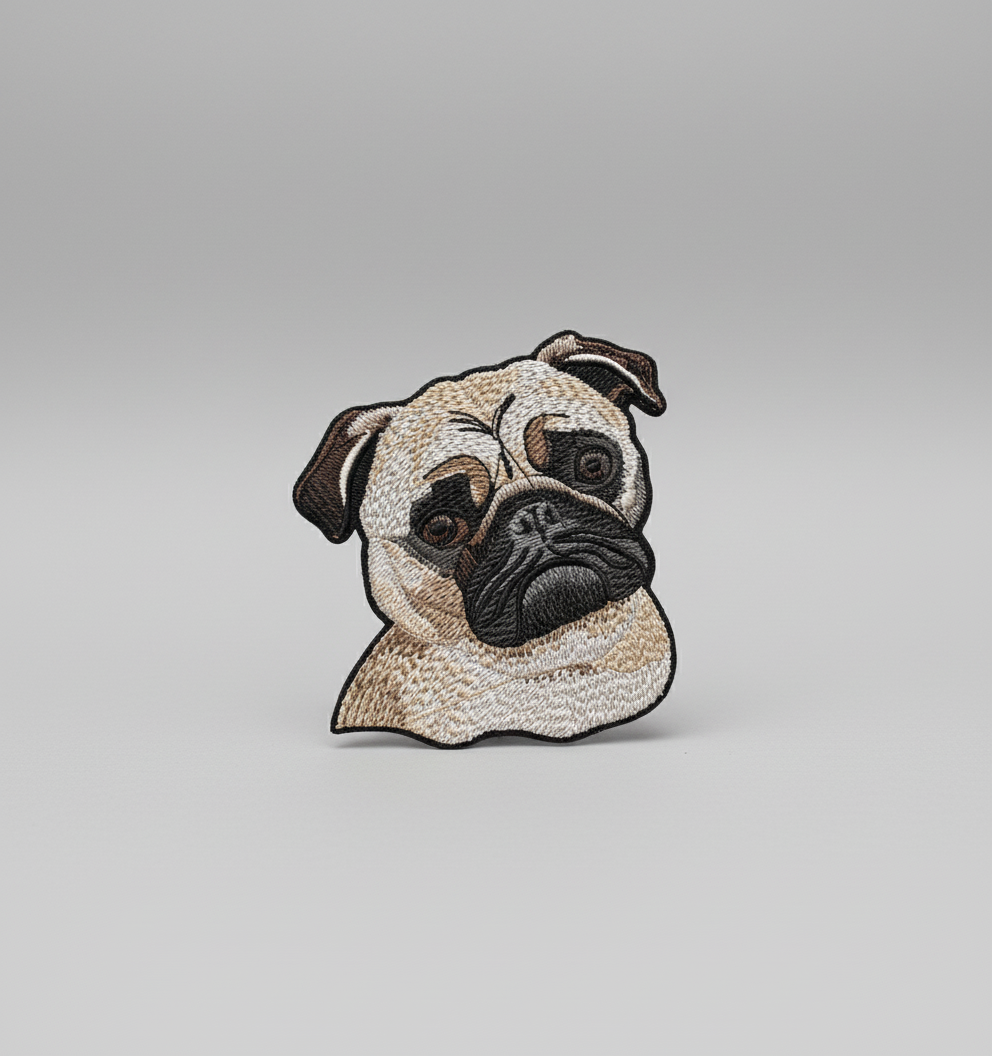 Cute realistic pug embroidery patch featuring a detailed dog face with fawn coat, dark muzzle, and big expressive eyes, stitched with textured thread shading on a light background, original EmbroMania artwork.