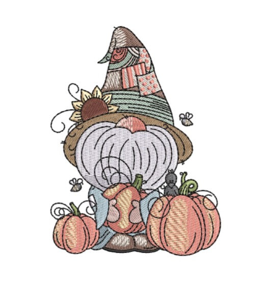 Embroidered design of a gnome with pumpkins and a checkered hat on a white background