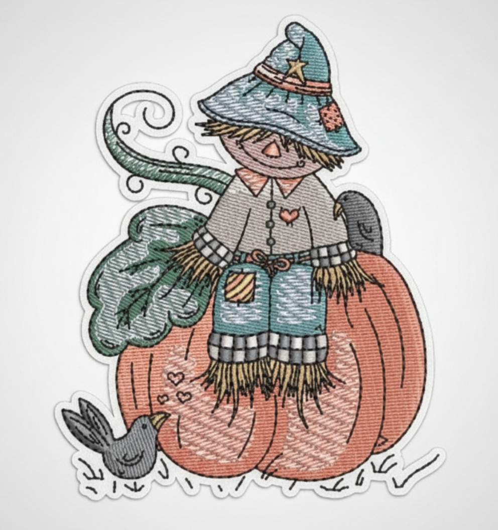 Scarecrow sitting on a pumpkin with a bird next to it on a white background