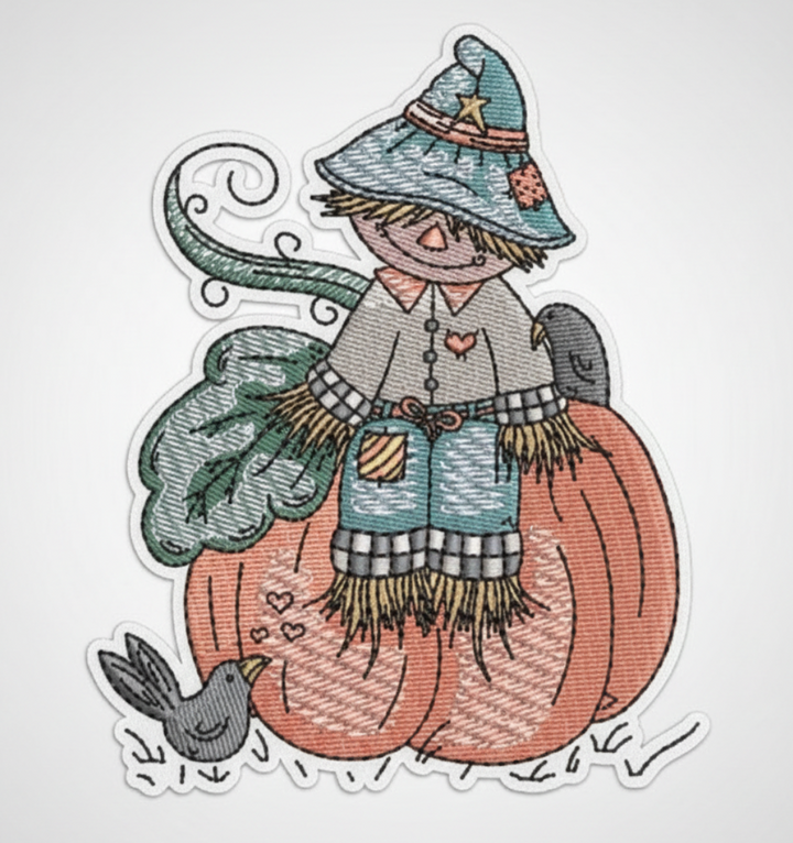 Scarecrow sitting on a pumpkin with a bird next to it on a white background