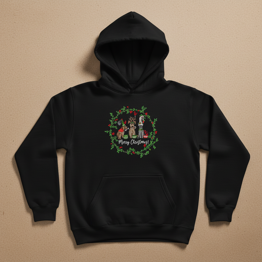 Puppy Parade "Merry Christmas!" — Premium Embroidered Collection | Hoodie • Sweatshirt • Jute Tote | Original EmbroMania Design