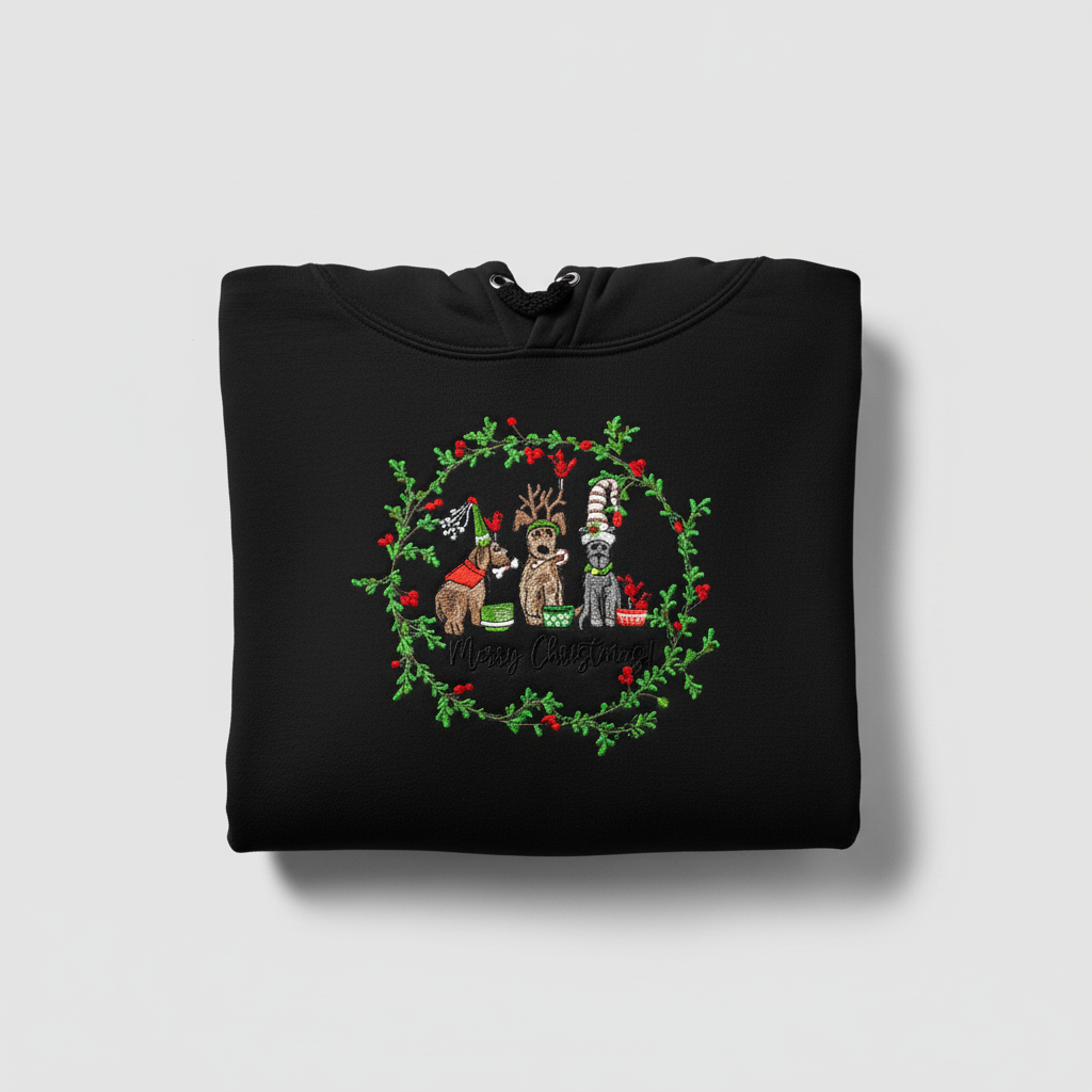 Puppy Parade "Merry Christmas!" — Premium Embroidered Collection | Hoodie • Sweatshirt • Jute Tote | Original EmbroMania Design
