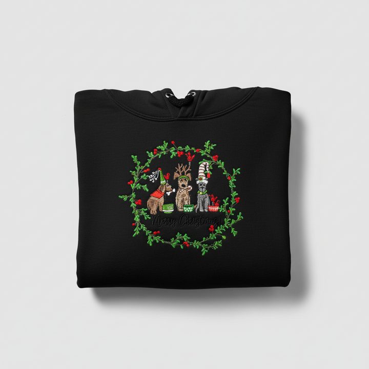 Puppy Parade "Merry Christmas!" — Premium Embroidered Collection | Hoodie • Sweatshirt • Jute Tote | Original EmbroMania Design