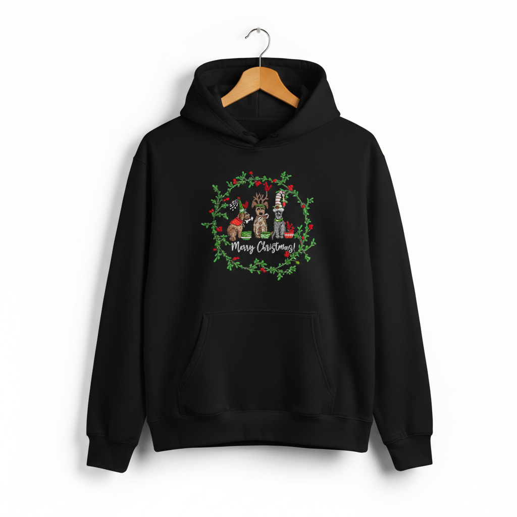 Puppy Parade "Merry Christmas!" — Premium Embroidered Collection | Hoodie • Sweatshirt • Jute Tote | Original EmbroMania Design