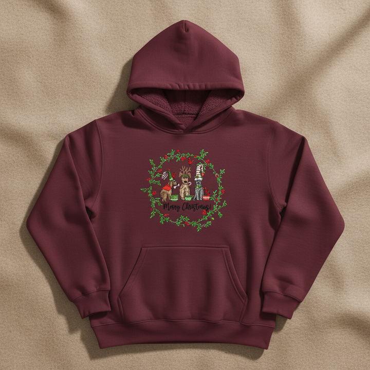 Puppy Parade "Merry Christmas!" — Premium Embroidered Collection | Hoodie • Sweatshirt • Jute Tote | Original EmbroMania Design