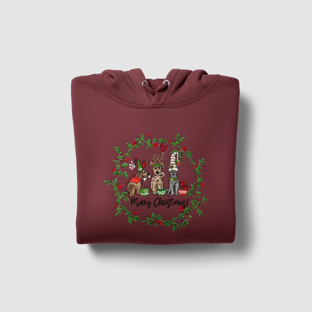 Puppy Parade "Merry Christmas!" — Premium Embroidered Collection | Hoodie • Sweatshirt • Jute Tote | Original EmbroMania Design
