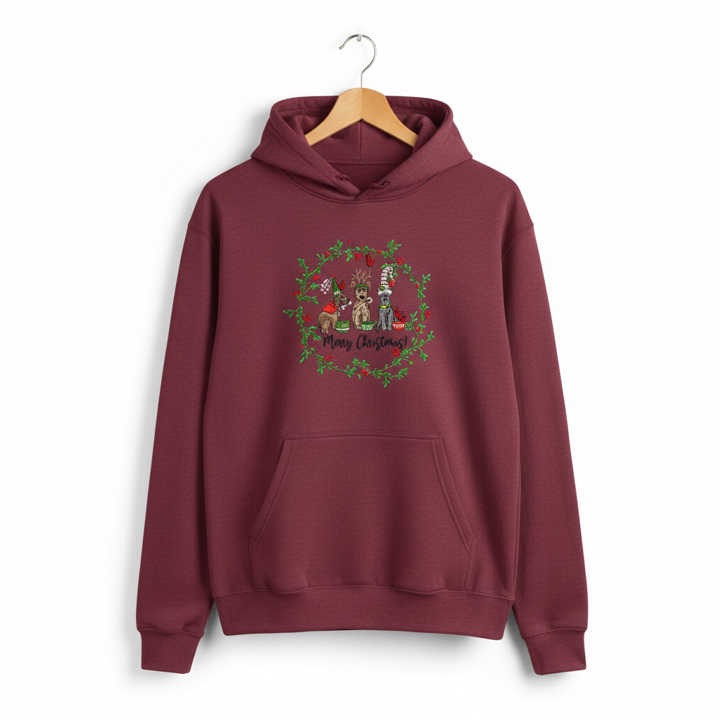 Puppy Parade "Merry Christmas!" — Premium Embroidered Collection | Hoodie • Sweatshirt • Jute Tote | Original EmbroMania Design