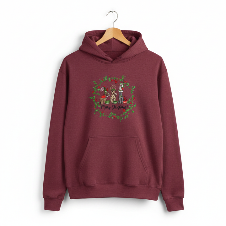 Puppy Parade "Merry Christmas!" — Premium Embroidered Collection | Hoodie • Sweatshirt • Jute Tote | Original EmbroMania Design