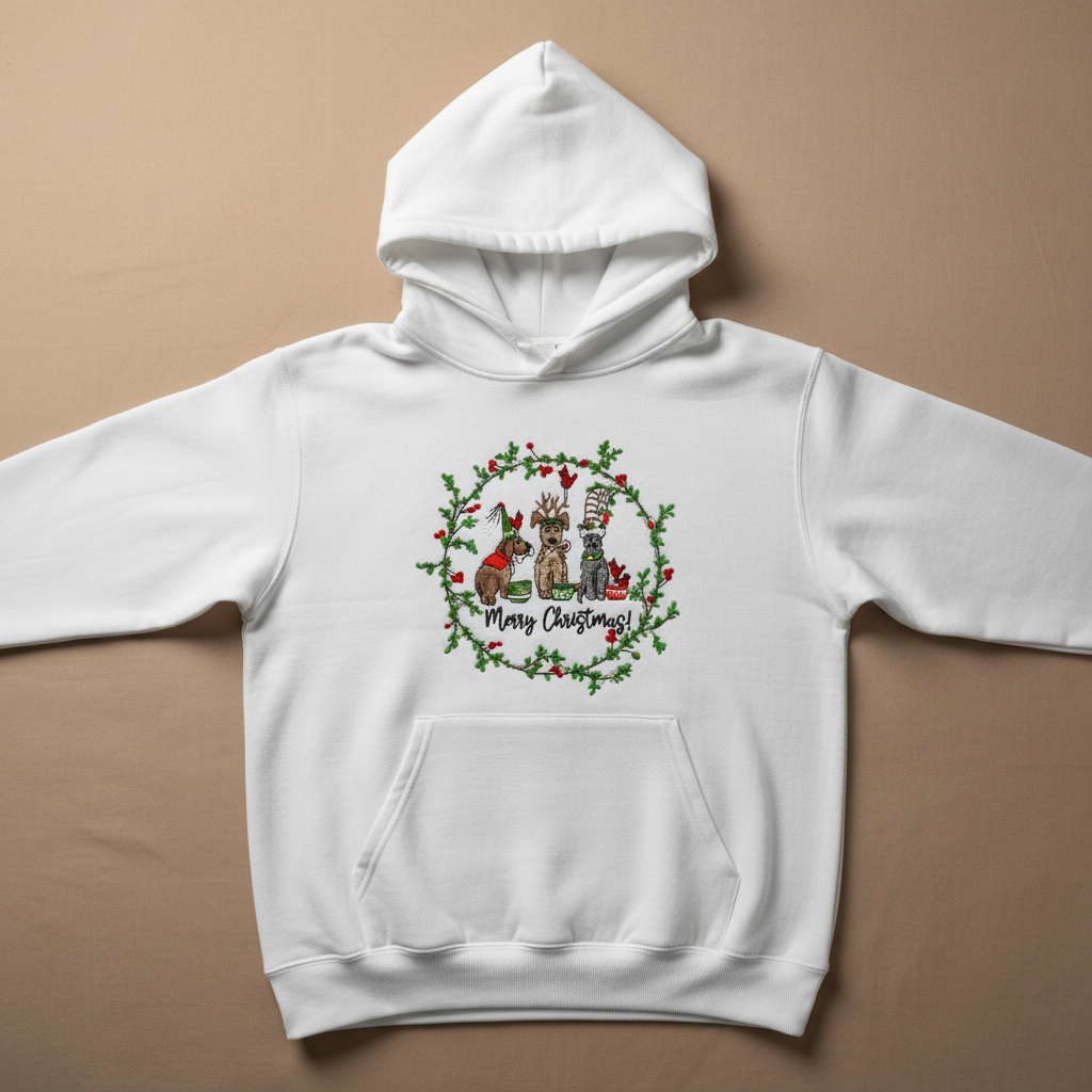 Puppy Parade "Merry Christmas!" — Premium Embroidered Collection | Hoodie • Sweatshirt • Jute Tote | Original EmbroMania Design
