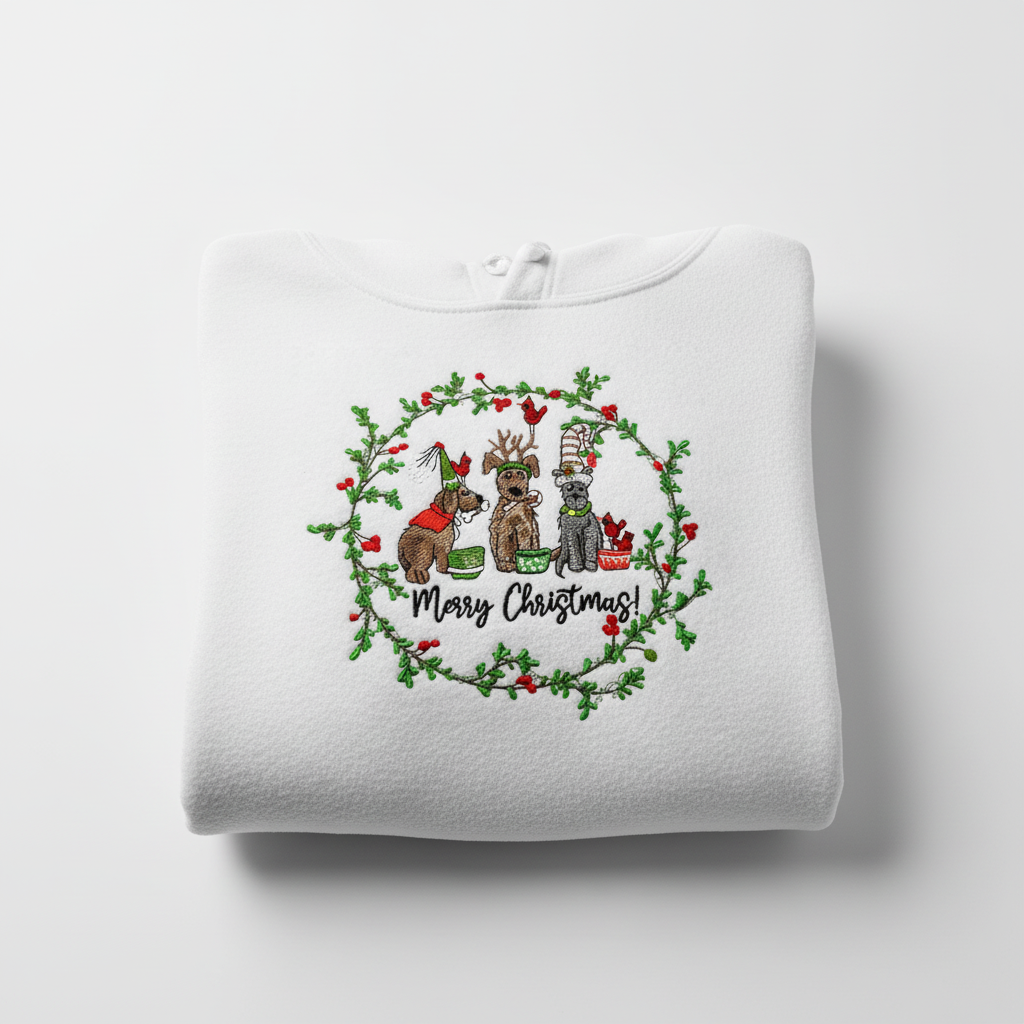 Puppy Parade "Merry Christmas!" — Premium Embroidered Collection | Hoodie • Sweatshirt • Jute Tote | Original EmbroMania Design