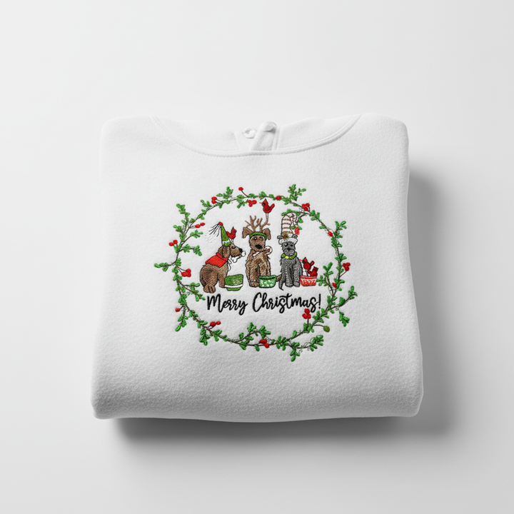 Puppy Parade "Merry Christmas!" — Premium Embroidered Collection | Hoodie • Sweatshirt • Jute Tote | Original EmbroMania Design