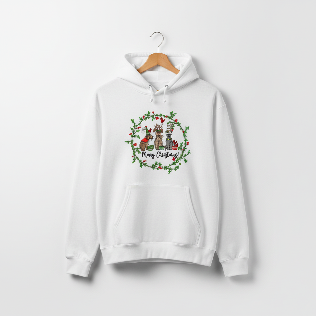 Puppy Parade "Merry Christmas!" — Premium Embroidered Collection | Hoodie • Sweatshirt • Jute Tote | Original EmbroMania Design