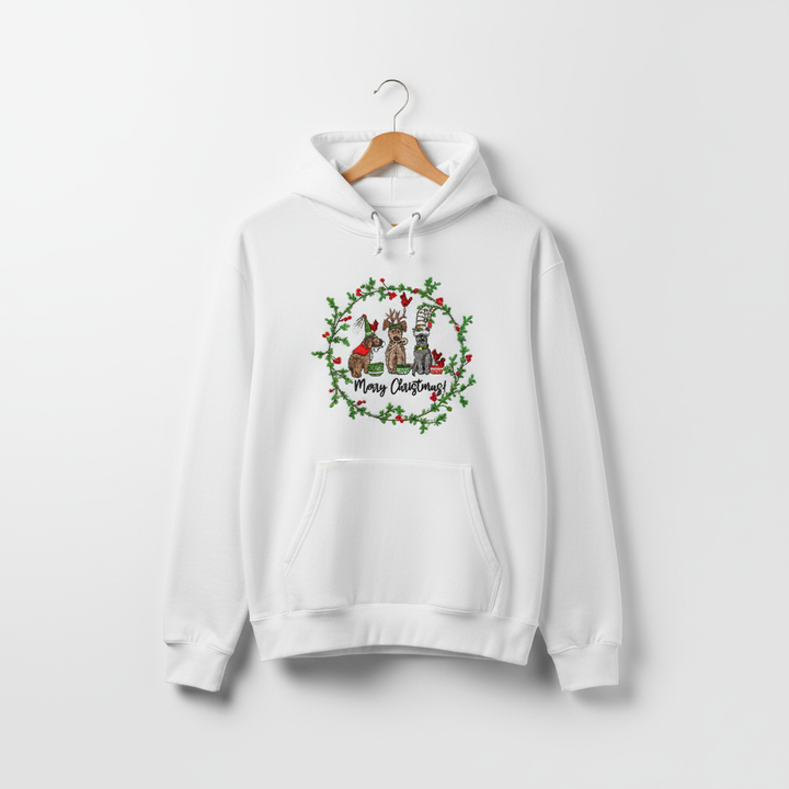 Puppy Parade "Merry Christmas!" — Premium Embroidered Collection | Hoodie • Sweatshirt • Jute Tote | Original EmbroMania Design