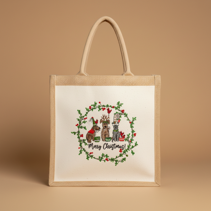 Puppy Parade "Merry Christmas!" — Premium Embroidered Collection | Hoodie • Sweatshirt • Jute Tote | Original EmbroMania Design