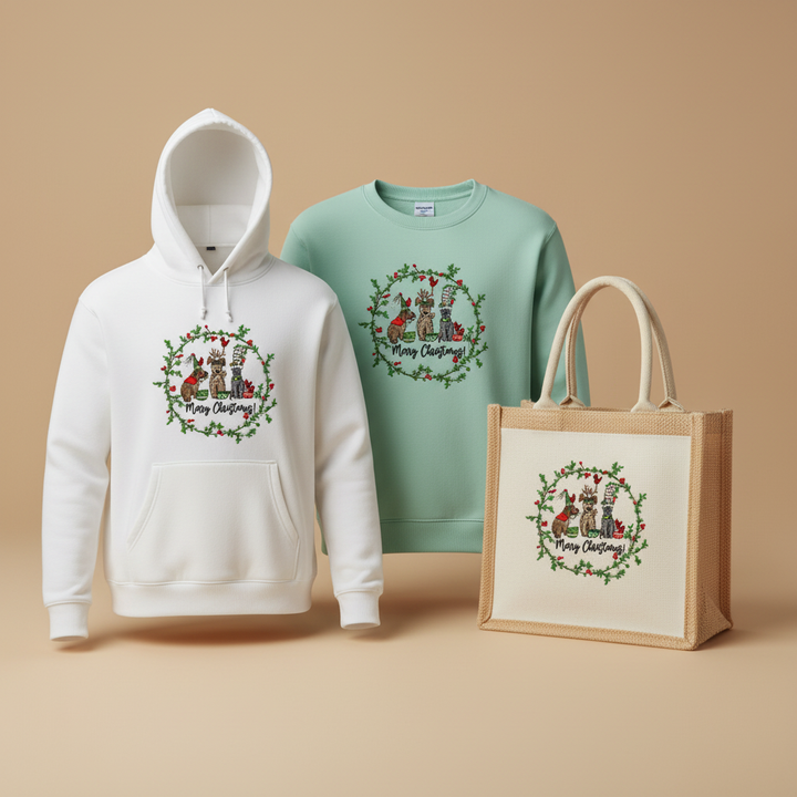 Puppy Parade "Merry Christmas!" — Premium Embroidered Collection | Hoodie • Sweatshirt • Jute Tote | Original EmbroMania Design