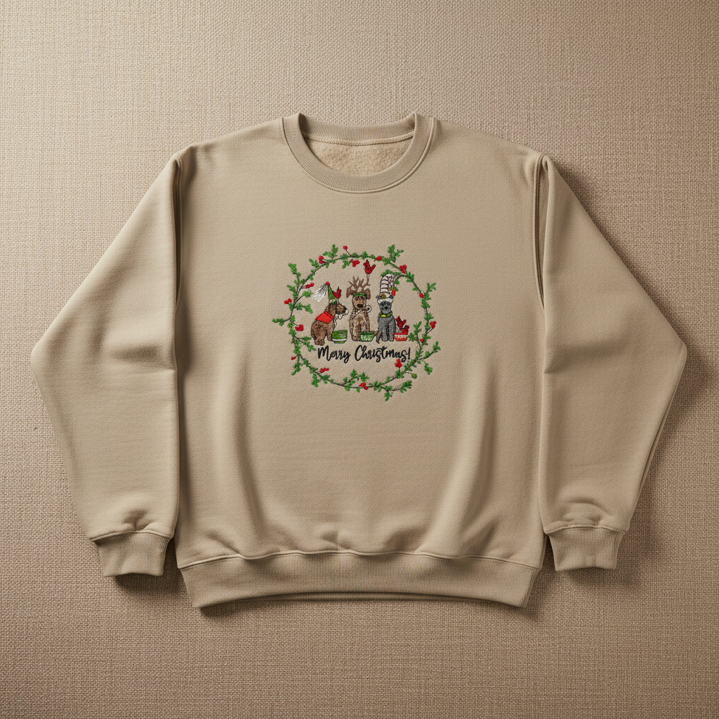 Puppy Parade "Merry Christmas!" — Premium Embroidered Collection | Hoodie • Sweatshirt • Jute Tote | Original EmbroMania Design