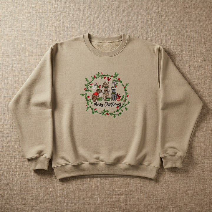 Puppy Parade "Merry Christmas!" — Premium Embroidered Collection | Hoodie • Sweatshirt • Jute Tote | Original EmbroMania Design