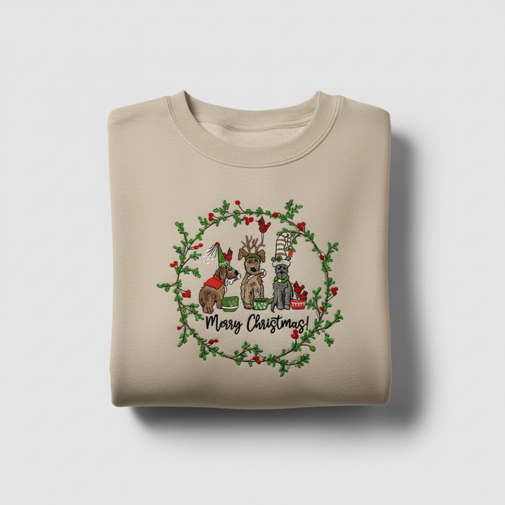 Puppy Parade "Merry Christmas!" — Premium Embroidered Collection | Hoodie • Sweatshirt • Jute Tote | Original EmbroMania Design