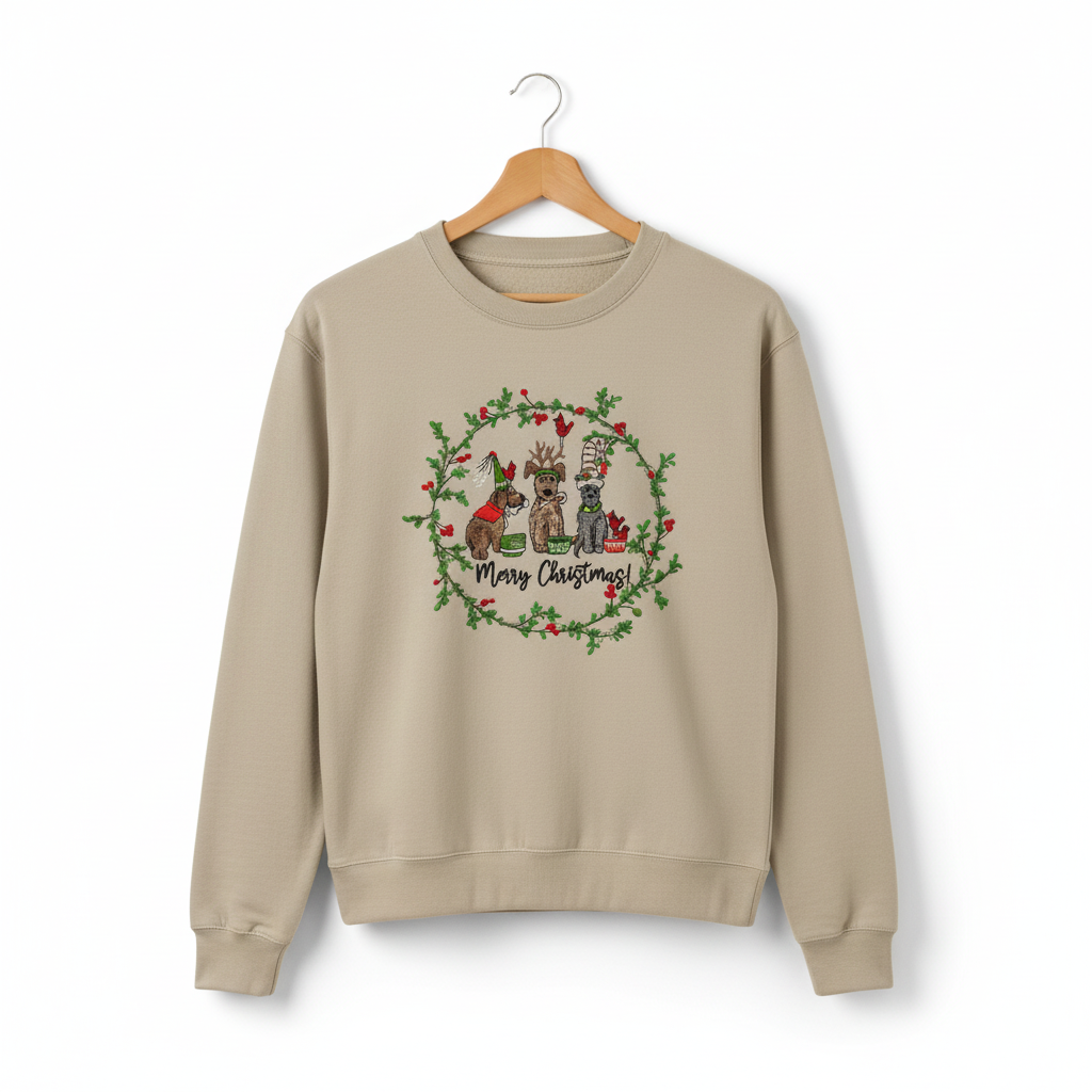 Puppy Parade "Merry Christmas!" — Premium Embroidered Collection | Hoodie • Sweatshirt • Jute Tote | Original EmbroMania Design