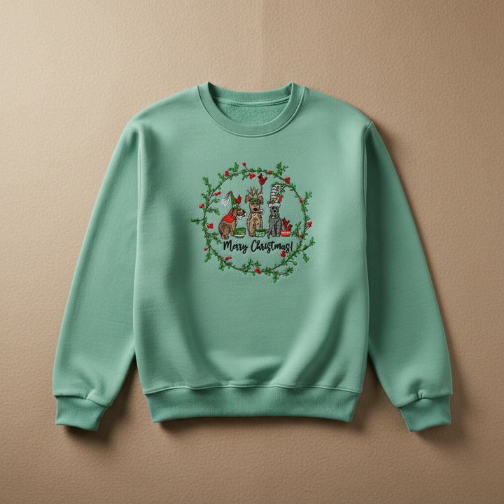 Puppy Parade "Merry Christmas!" — Premium Embroidered Collection | Hoodie • Sweatshirt • Jute Tote | Original EmbroMania Design