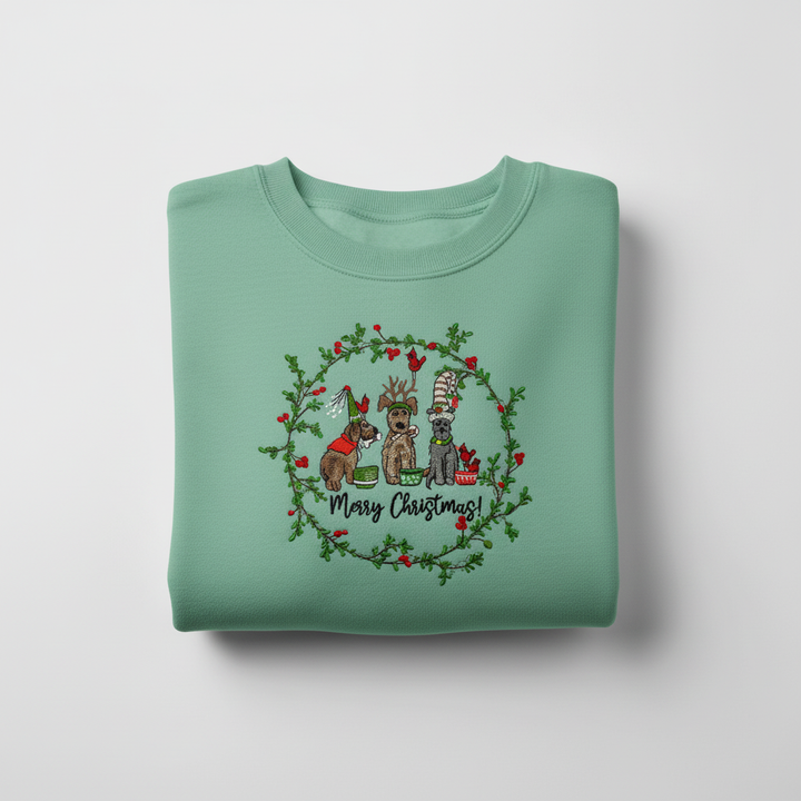 Puppy Parade "Merry Christmas!" — Premium Embroidered Collection | Hoodie • Sweatshirt • Jute Tote | Original EmbroMania Design