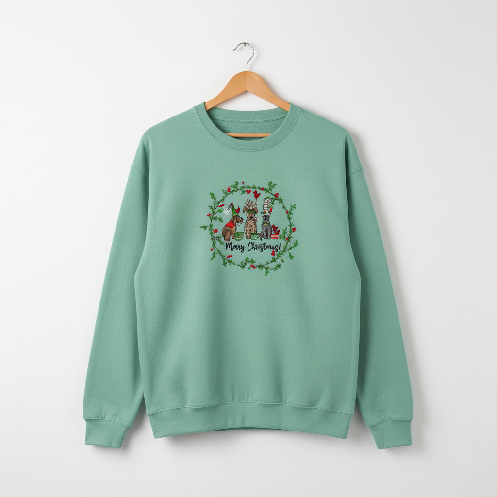 Puppy Parade "Merry Christmas!" — Premium Embroidered Collection | Hoodie • Sweatshirt • Jute Tote | Original EmbroMania Design
