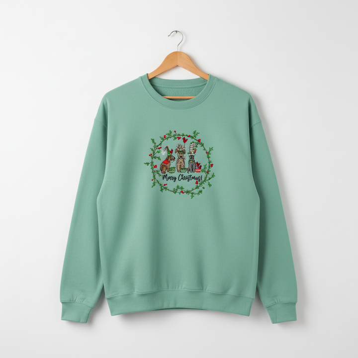 Puppy Parade "Merry Christmas!" — Premium Embroidered Collection | Hoodie • Sweatshirt • Jute Tote | Original EmbroMania Design