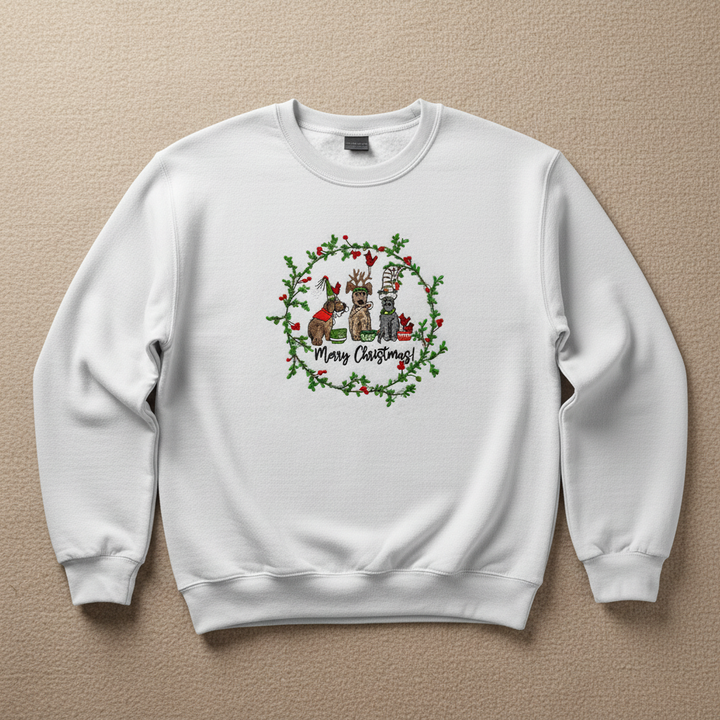 Puppy Parade "Merry Christmas!" — Premium Embroidered Collection | Hoodie • Sweatshirt • Jute Tote | Original EmbroMania Design