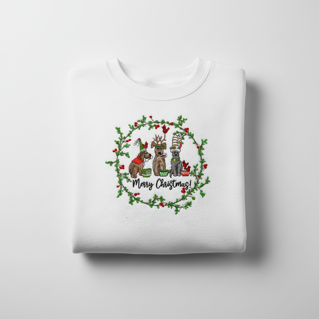 Puppy Parade "Merry Christmas!" — Premium Embroidered Collection | Hoodie • Sweatshirt • Jute Tote | Original EmbroMania Design