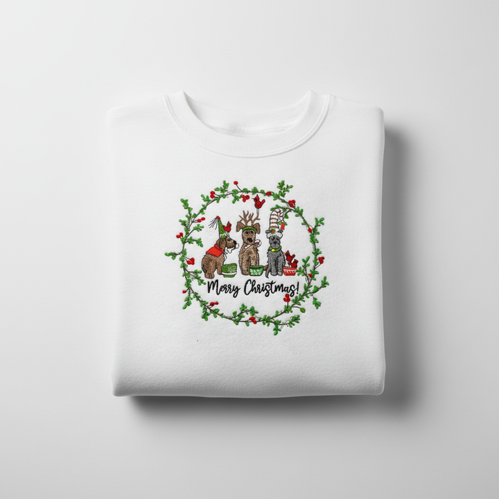 Puppy Parade "Merry Christmas!" — Premium Embroidered Collection | Hoodie • Sweatshirt • Jute Tote | Original EmbroMania Design